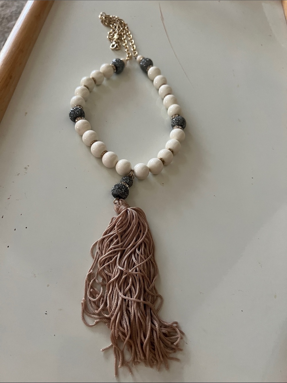 Neutral Beaded Necklace with Blush Tassel